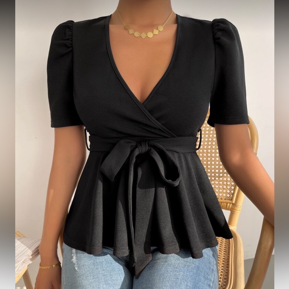 Black Wrap Belt Top Blouse Shirt